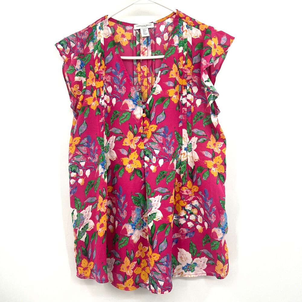 Carolina Belle Montreal Pink Floral Flutter Sleeve V-Neck Blouse Top Women's S